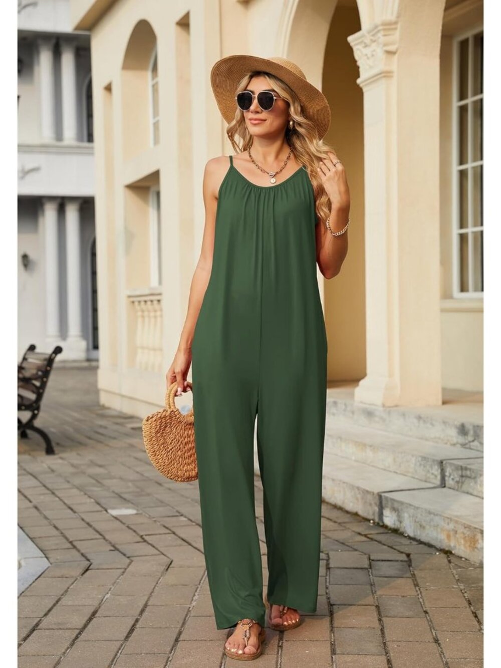 Women Army Green Casual Sleeveless Imported Spaghetti Strap Boho Wide Leg Romper - Picture 5 of 7